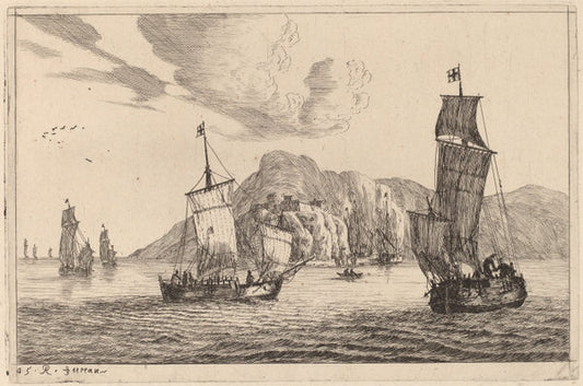 Harbor Scene with Mountainous Background by Reinier Nooms, called Zeeman (Dutch, 1624 - 1664), 16X12"(A3)Poster Print