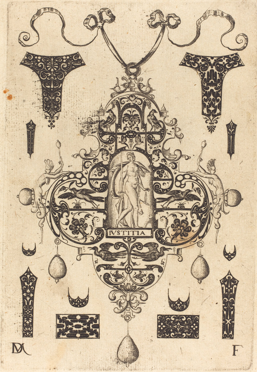 Large Pendant, Justice Standing at Centre by Daniel Mignot (German, active 1593/1596), 16X12"(A3)Poster Print