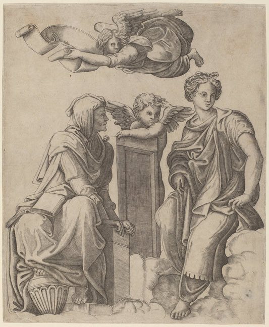 Two Sibyls and an Angel by Giovanni Antonio da Brescia after Raphael (Italian, active c. 1490 - 1525 or after), 16X12"(A3)Poster Print