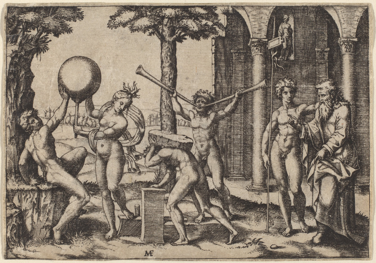 The Man with Two Trumpets by Marcantonio Raimondi after Baccio Bandinelli (Italian, c. 1480 - c. 1534), 16X12"(A3)Poster Print