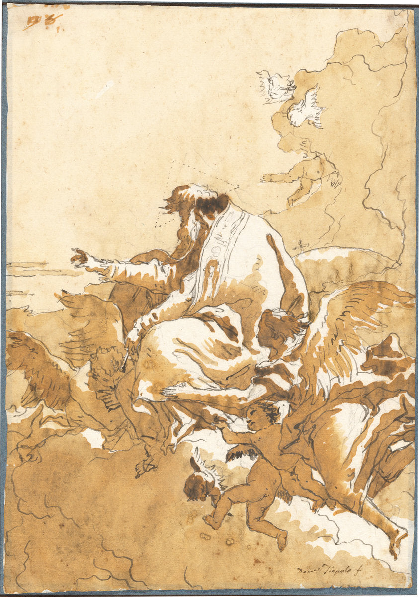 God the Father Seated in Clouds Surrounded by Angels and Putti by Giovanni Domenico Tiepolo (Venetian, 1727 - 1804), 16X12"(A3)Poster Print