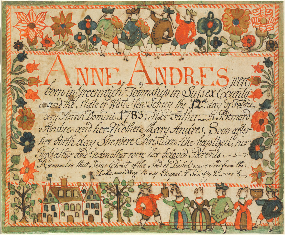 Birth and Baptismal Certificate of Anne Andres by John Spangenberg (American, before 1755 - 1814), 16X12"(A3)Poster Print