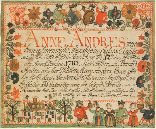 Birth and Baptismal Certificate of Anne Andres by John Spangenberg (American, before 1755 - 1814), 16X12"(A3)Poster Print