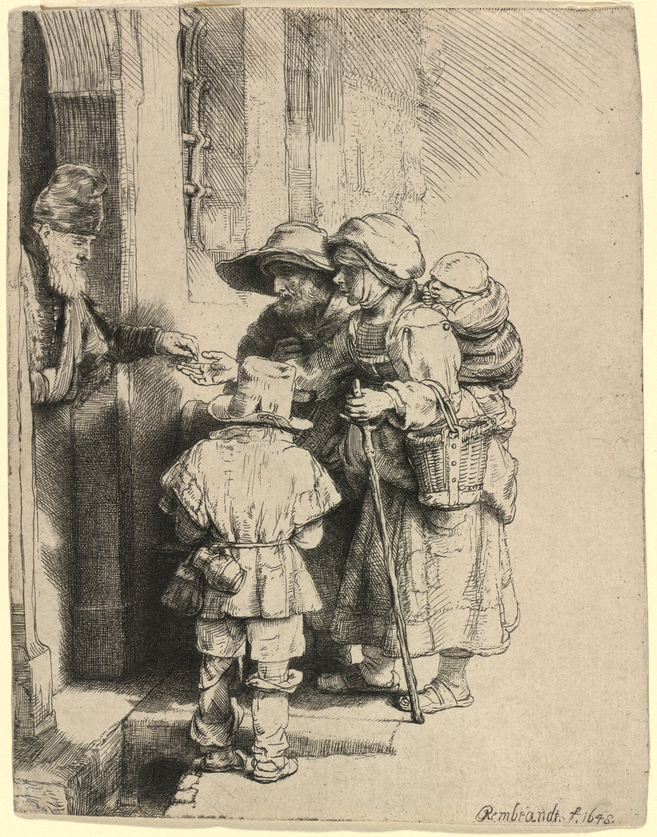 Beggars Receiving Alms at the Door of a House by Rembrandt van Rijn (Dutch, 1606 - 1669), 16X12"(A3)Poster Print