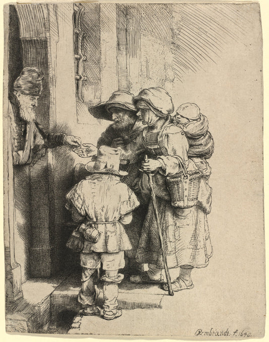 Beggars Receiving Alms at the Door of a House by Rembrandt van Rijn (Dutch, 1606 - 1669), 16X12"(A3)Poster Print
