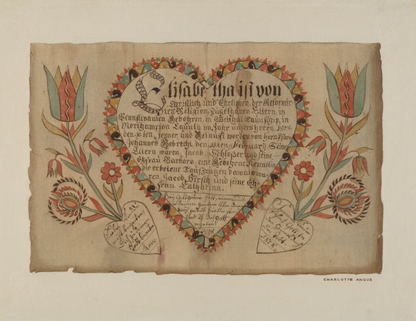 Pa. German Birth Certificate by Charlotte Angus (American, 1911 - 1989), 16X12"(A3)Poster Print