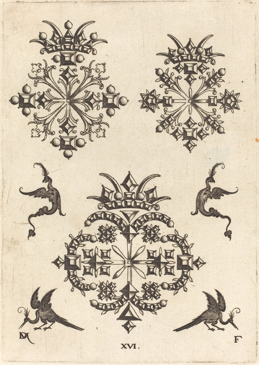 Three Brooches with Fantasy Birds at Left, Right, and Bottom by Daniel Mignot (German, active 1593/1596), 16X12"(A3)Poster Print