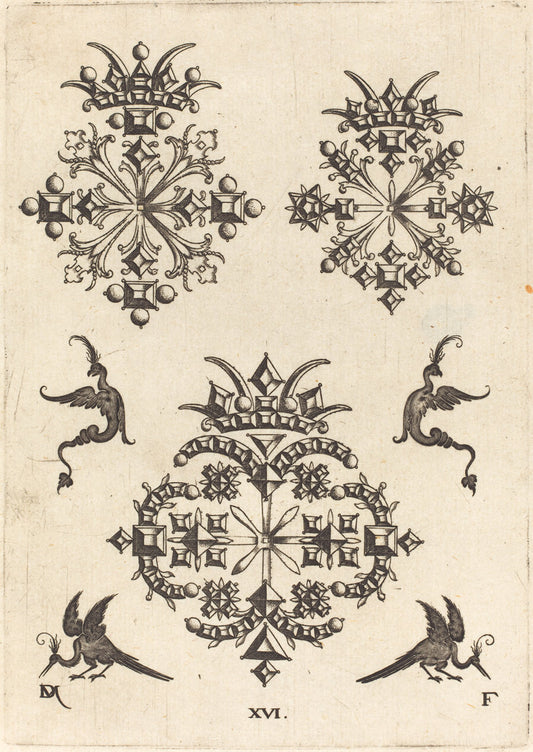 Three Brooches with Fantasy Birds at Left, Right, and Bottom by Daniel Mignot (German, active 1593/1596), 16X12"(A3)Poster Print