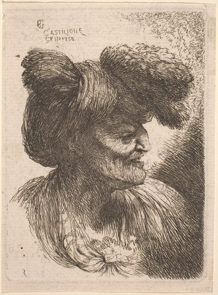 Old Man Wearing a Turban Ornamented with Fur, Facing Right by Giovanni Benedetto Castiglione (Italian, 1609  - 1664), 16X12"(A3)Poster Print