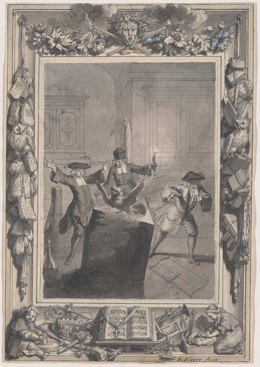 Le Lutrin: A  Night Scene with Boirude, Brontin, and L'Amour Surprised by an Owl Flying Out of a Lectern by Bernard Picart (French, 1673 - 1733), 16X12"(A3)Poster Print