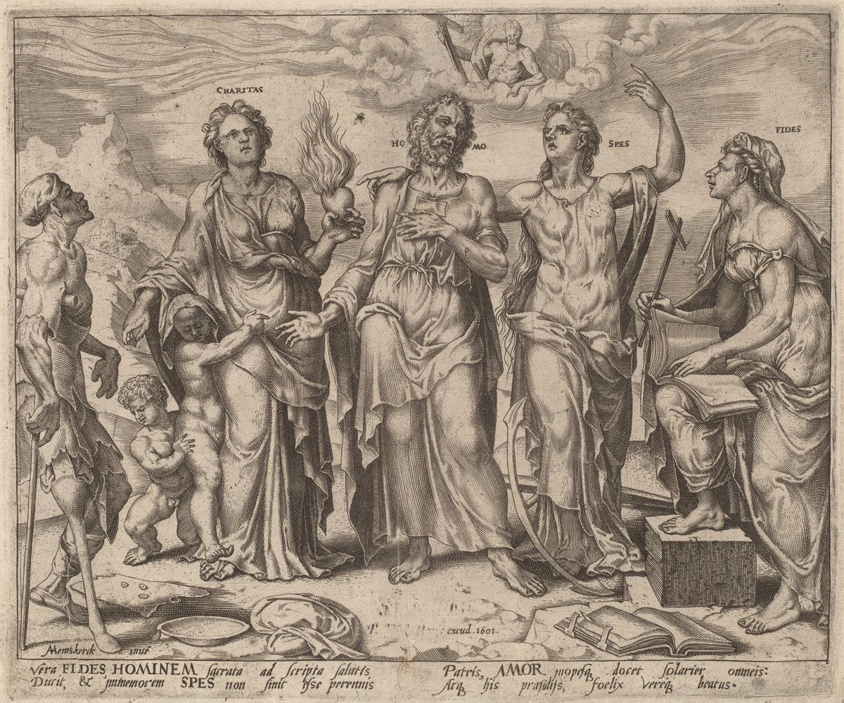 1562 by after Maerten van Heemskerck (Man Assisted by Faith, Hope and Charity), 16X12"(A3)Poster Print