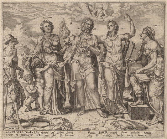 1562 by after Maerten van Heemskerck (Man Assisted by Faith, Hope and Charity), 16X12"(A3)Poster Print