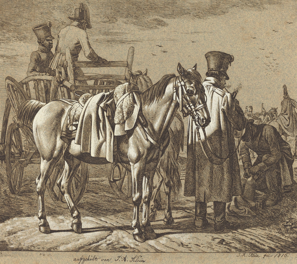 Horse with Soldiers Smoking Pipe/Military Scene by Johann Adam Klein (German, 1792 - 1875), 16X12"(A3)Poster Print