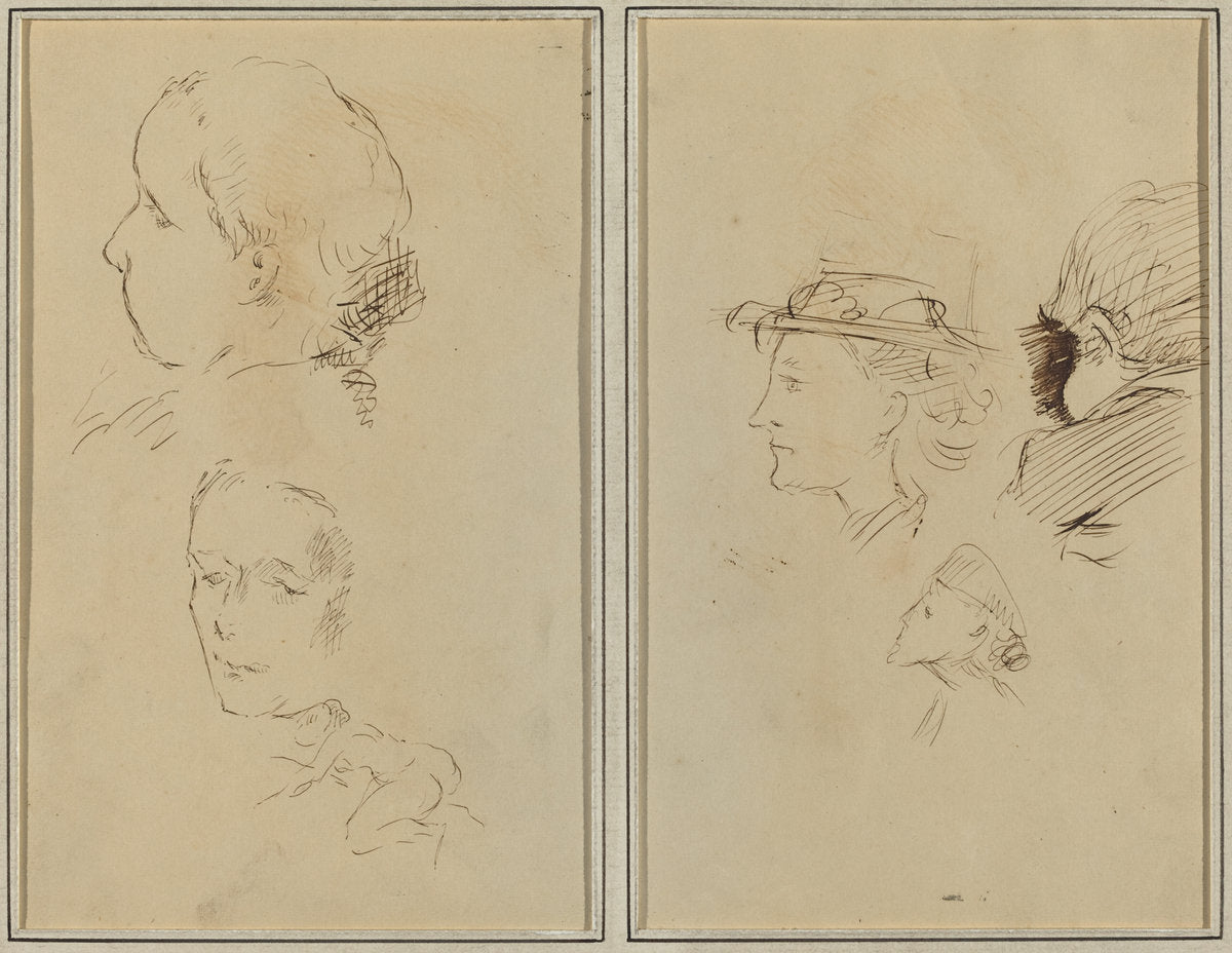 Two Head Studies and a Crouching Nude Woman; Two Women's Heads and a Head of Child [recto] by Paul Gauguin (French, 1848 - 1903), 16X12"(A3)Poster Print