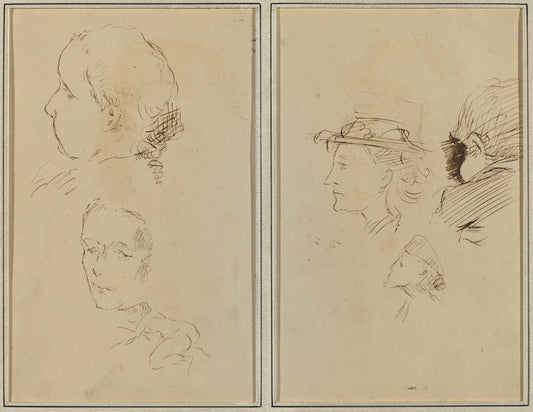 Two Head Studies and a Crouching Nude Woman; Two Women's Heads and a Head of Child [recto] by Paul Gauguin (French, 1848 - 1903), 16X12"(A3)Poster Print