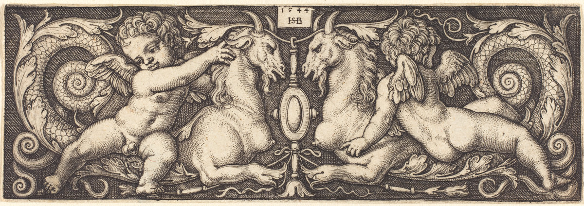 Ornament with Two Genii Riding on Two Chimeras by Sebald Beham (German, 1500 - 1550), 16X12"(A3)Poster Print