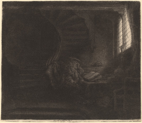 Saint Jerome in a Dark Chamber by Rembrandt van Rijn (Dutch, 1606 - 1669), 16X12"(A3)Poster Print