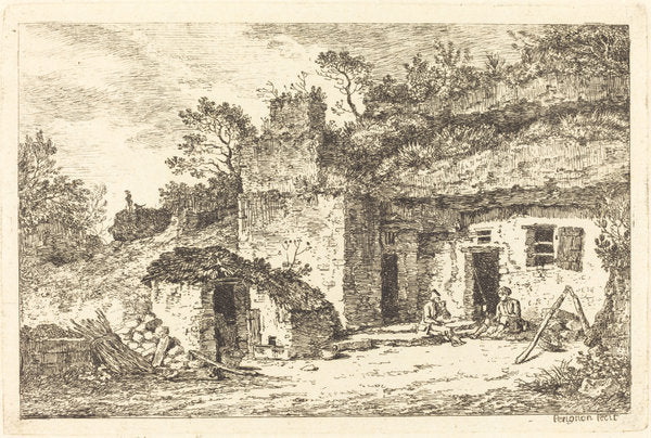 A Cottage with Two Men Seated at the Doorway by Nicolas Pérignon (French, 1727 - 1782), 16X12"(A3)Poster Print