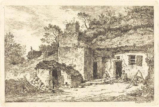 A Cottage with Two Men Seated at the Doorway by Nicolas Pérignon (French, 1727 - 1782), 16X12"(A3)Poster Print