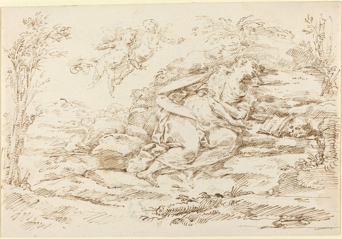Penitent Magdalene with Angels in a Landscape [recto] by Attributed to Donato Creti (Bolognese, 1671 - 1749), 16X12"(A3)Poster Print