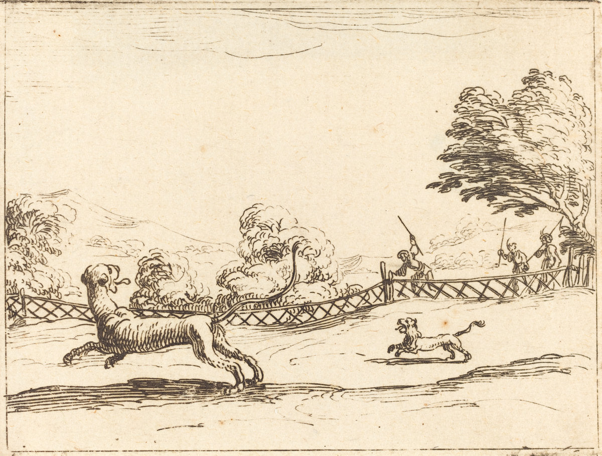 Lioness and Cub Pursued by Hunters by Jacques Callot (French, 1592 - 1635), 16X12"(A3)Poster Print