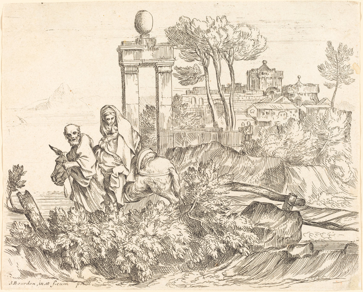 The Flight into Egypt by Sébastien Bourdon (French, 1616 - 1671), 16X12"(A3)Poster Print