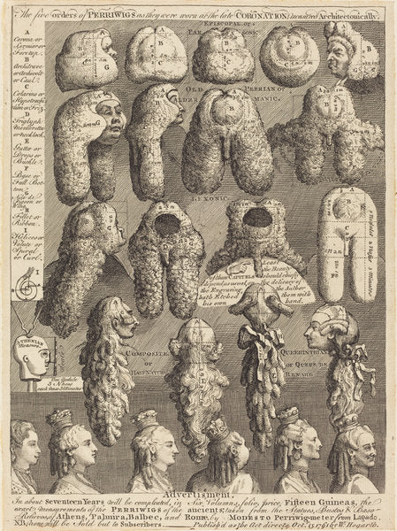 The Five Orders of Perriwigs as They Were Worn at the Late Coronation, Measured Architectonically by William Hogarth (English, 1697 - 1764), 16X12