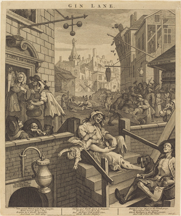 Gin Lane by William Hogarth (English, 1697 - 1764), 16X12