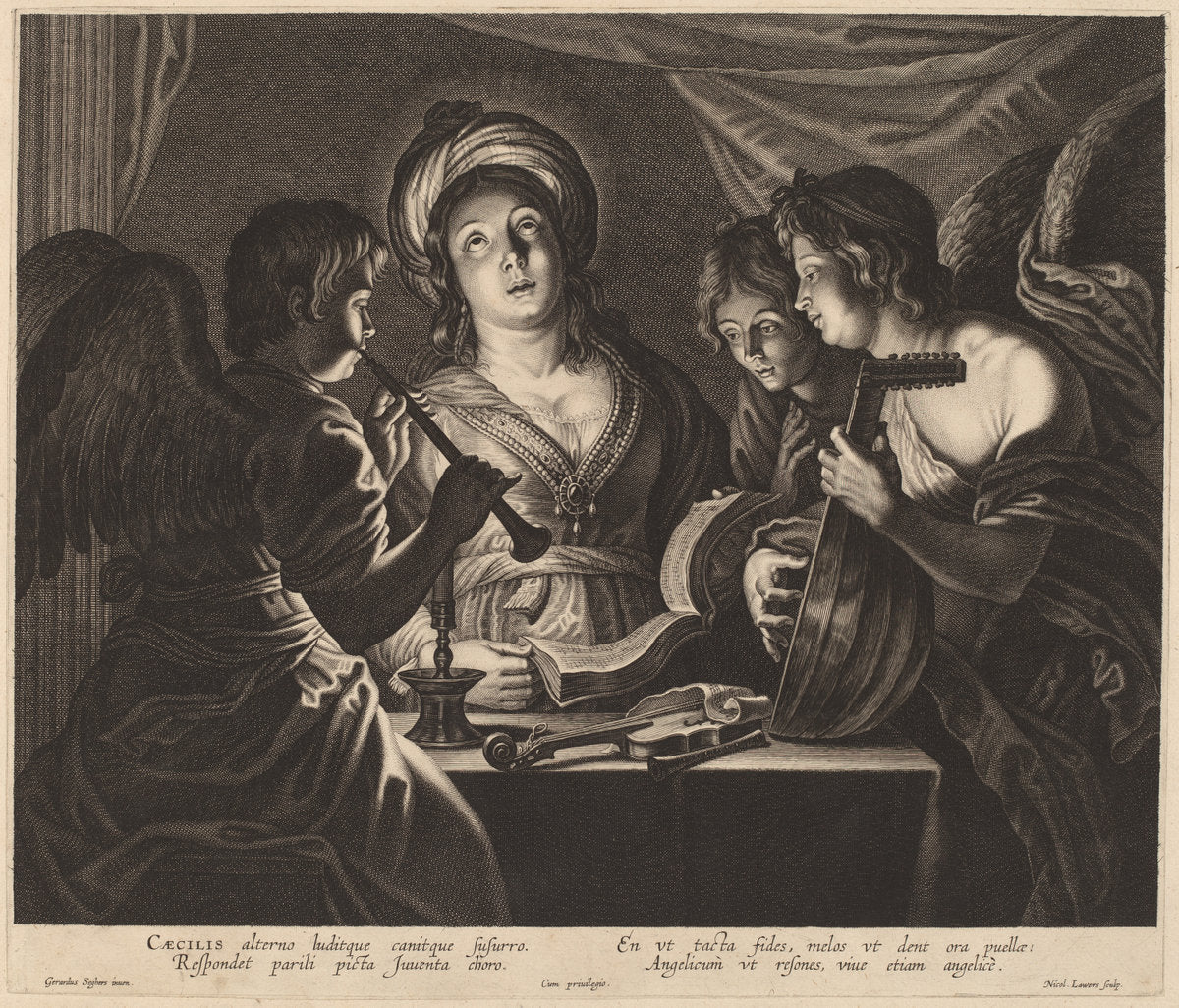 Saint Cecilia Accompanied by Heavenly Musicians by Nicolaes Lauwers after Gerard Seghers (Flemish, 1600 - 1652), 16X12"(A3)Poster Print