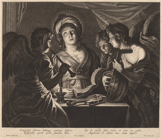 Saint Cecilia Accompanied by Heavenly Musicians by Nicolaes Lauwers after Gerard Seghers (Flemish, 1600 - 1652), 16X12"(A3)Poster Print