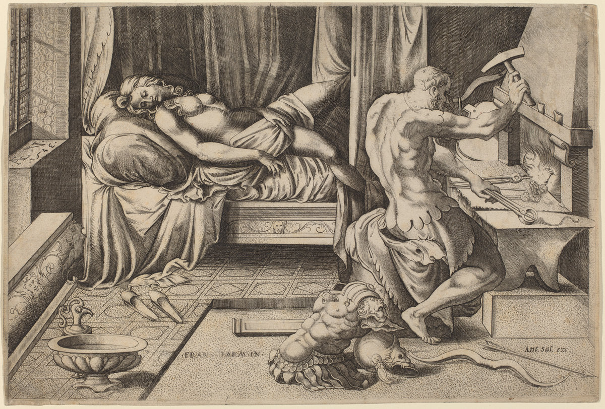 Venus Reclining with Vulcan at His Forge by Enea Vico after Parmigianino (Italian, 1523 - 1567), 16X12"(A3)Poster Print