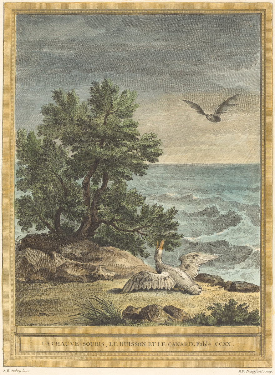 La chauve-souris, le buisson et le canard (The Bat, the Bush, and the Duck) by Pierre-Philippe Choffard after Jean-Baptiste Oudry (French, 1730 - 1809), 16X12"(A3)Poster Print