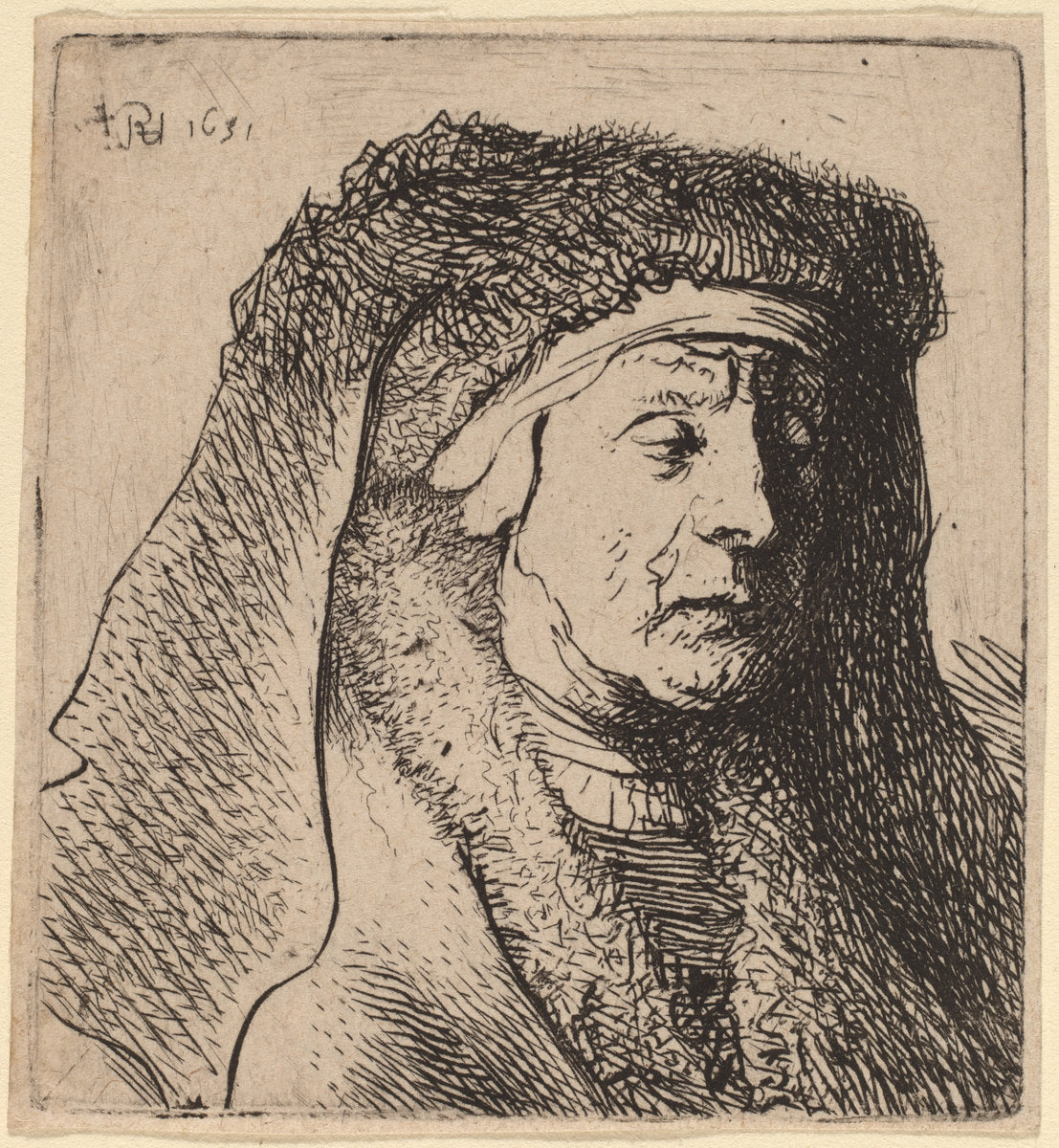 Bust of an Old Woman in a Furred Cloak and Heavy Headdress by Rembrandt van Rijn and Studio of Rembrandt van Rijn (Dutch, 1606 - 1669), 16X12"(A3)Poster Print