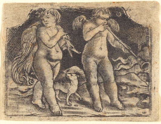 Cupid carrying a fowl accompanied by a dog, and another cupid playing a trumpet by Maso Finiguerra (Florentine, 1426 - 1464), 16X12"(A3)Poster Print