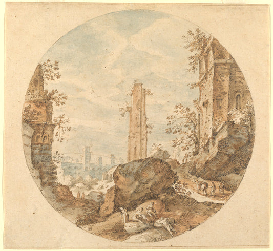 Travellers among Roman Ruins by Pieter Stevens (Flemish, c. 1567 - 1624 or after), 16X12"(A3)Poster Print