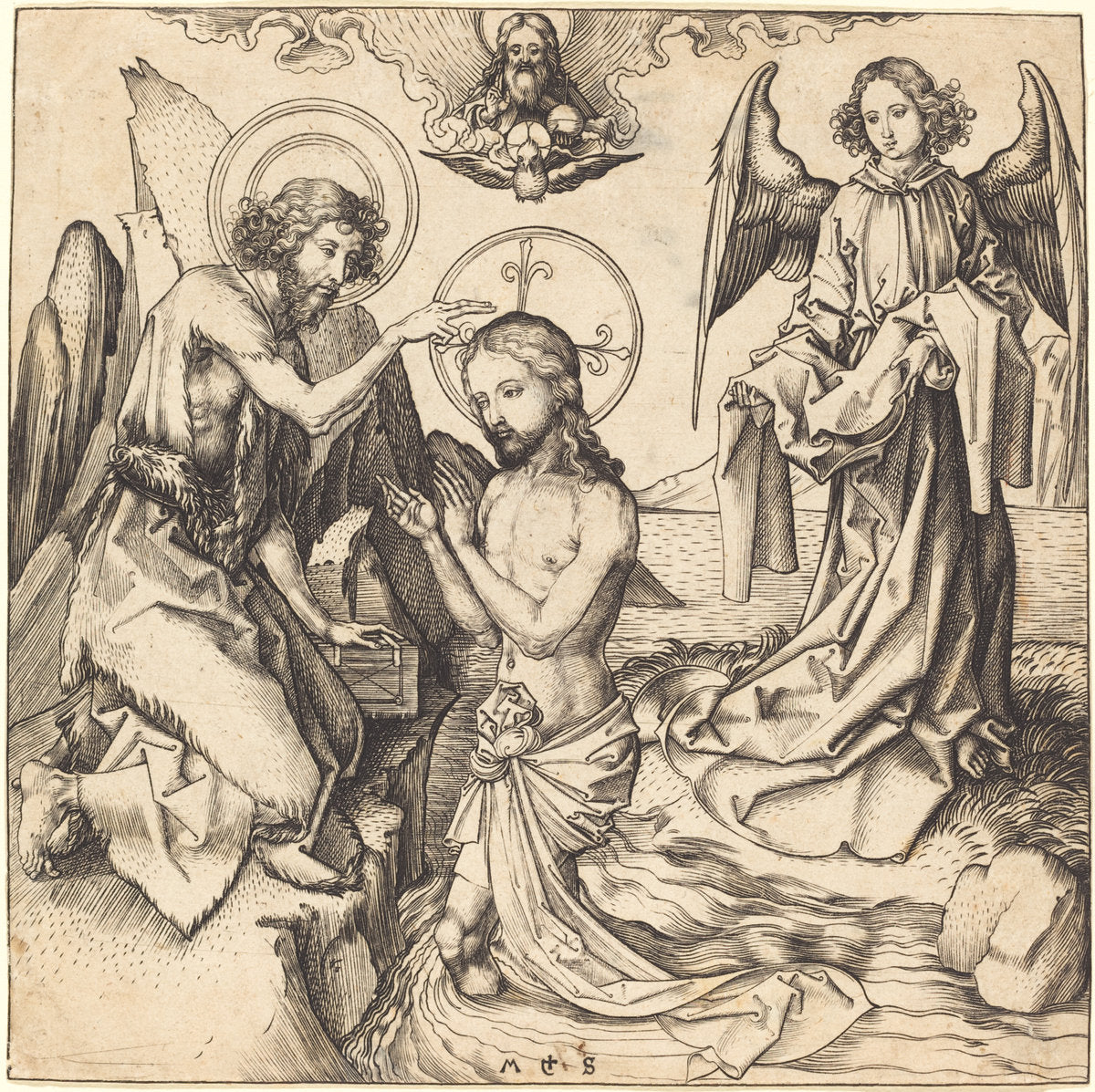 The Baptism of Christ by Martin Schongauer (German, c. 1450 - 1491), 16X12"(A3)Poster Print