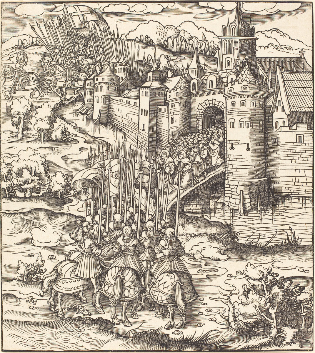 Various Men Kneeling on a Bridge in front of a Town by Leonhard Beck (German, c. 1480 - 1542), 16X12"(A3)Poster Print