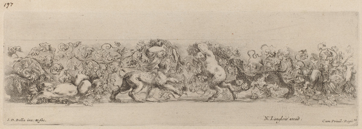 Ornamental Frieze with Grape Vine by Stefano Della Bella (Italian, 1610 - 1664), 16X12"(A3)Poster Print