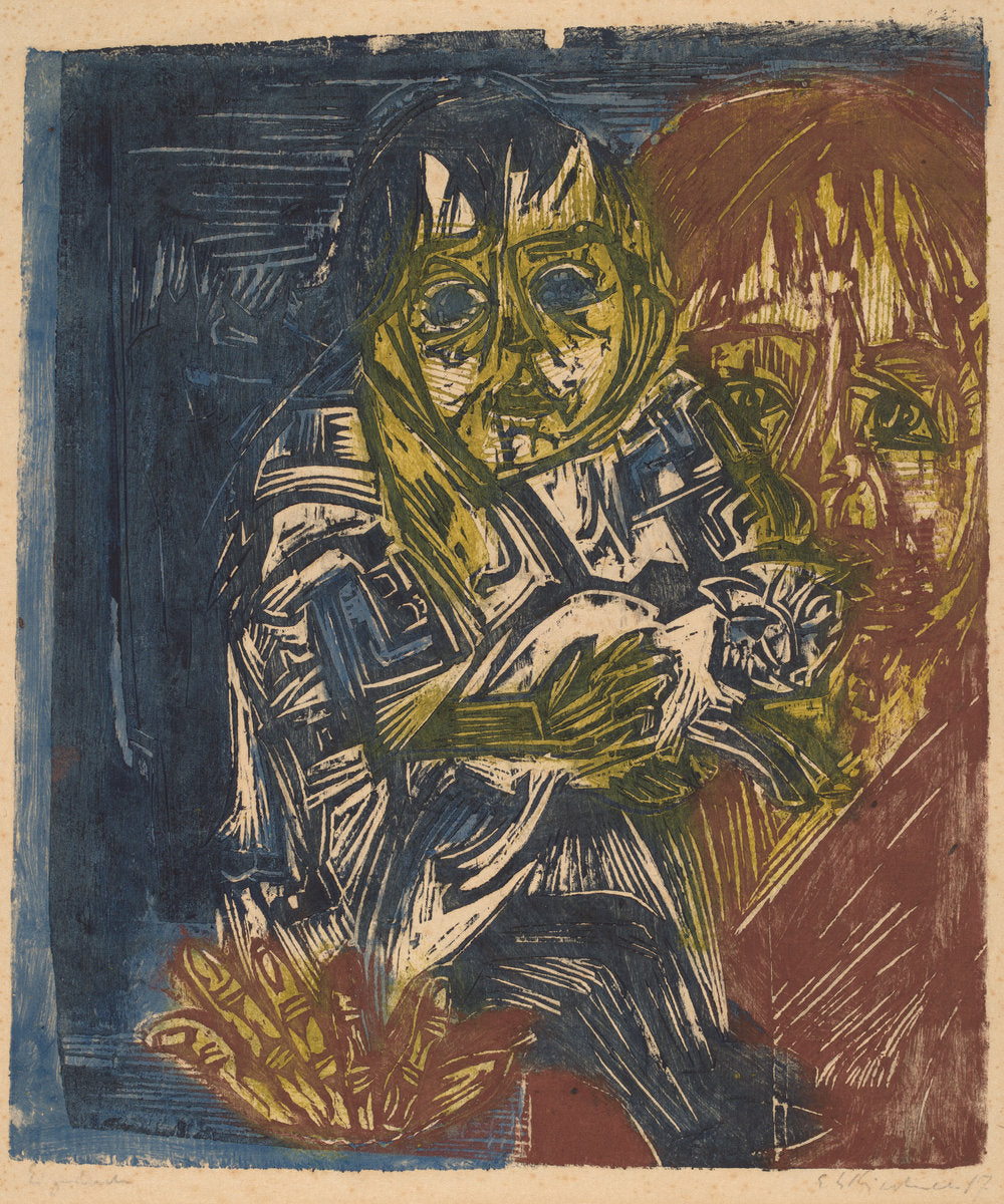 Woman with a Child and a Cat by Ernst Ludwig Kirchner (German, 1880 - 1938), 16X12"(A3)Poster Print