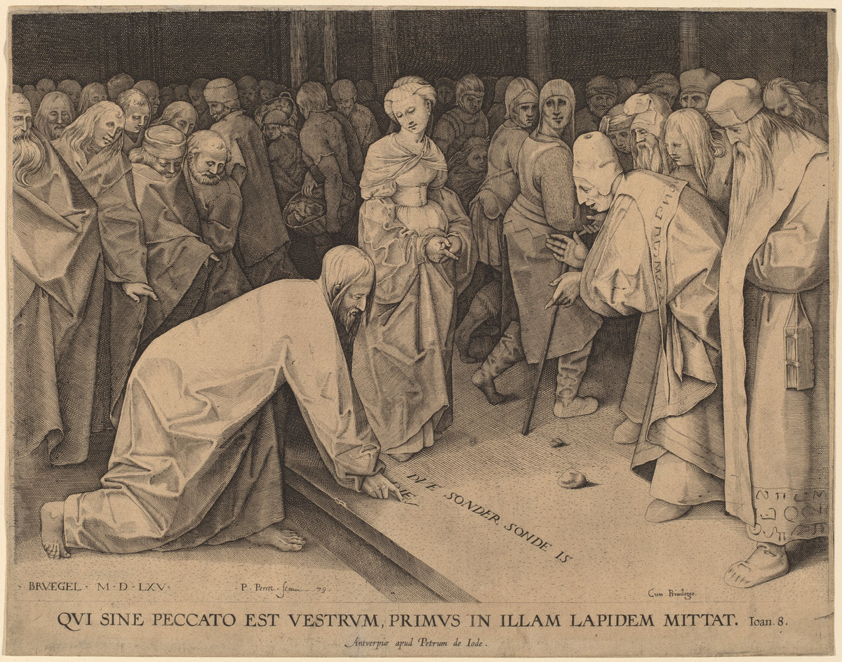 Christ and the Adultress by Pieter Perret after Pieter Bruegel the Elder (Flemish, 1555 - 1639), 16X12"(A3)Poster Print