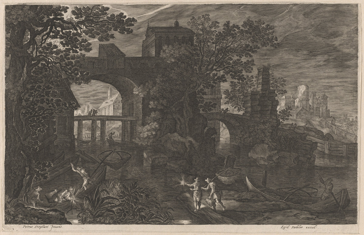 Night Fishing near Fortified Bridges by Aegidius Sadeler II after Pieter Stevens (Flemish, c. 1570 - 1629), 16X12"(A3)Poster Print