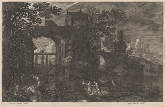 Night Fishing near Fortified Bridges by Aegidius Sadeler II after Pieter Stevens (Flemish, c. 1570 - 1629), 16X12"(A3)Poster Print
