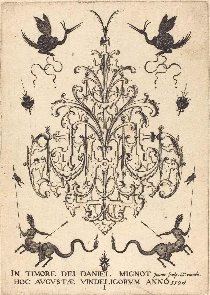 Title-Page: Brooch, Snail-like Animals  Above, Centaurs with Banners at Bottom by Daniel Mignot (German, active 1593/1596), 16X12"(A3)Poster Print