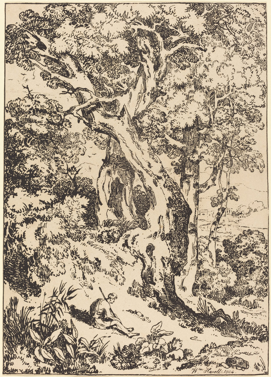 Study of Trees and Shrubs with Seated Figure by William Havell (British, 1782 - 1857), 16X12"(A3)Poster Print
