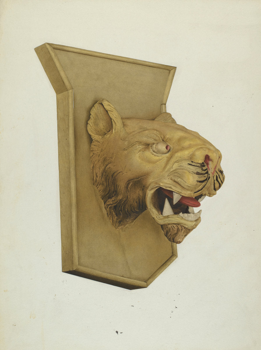 Wood Carving of Tiger's Head by Joseph Glover (American, active c. 1935), 16X12"(A3)Poster Print