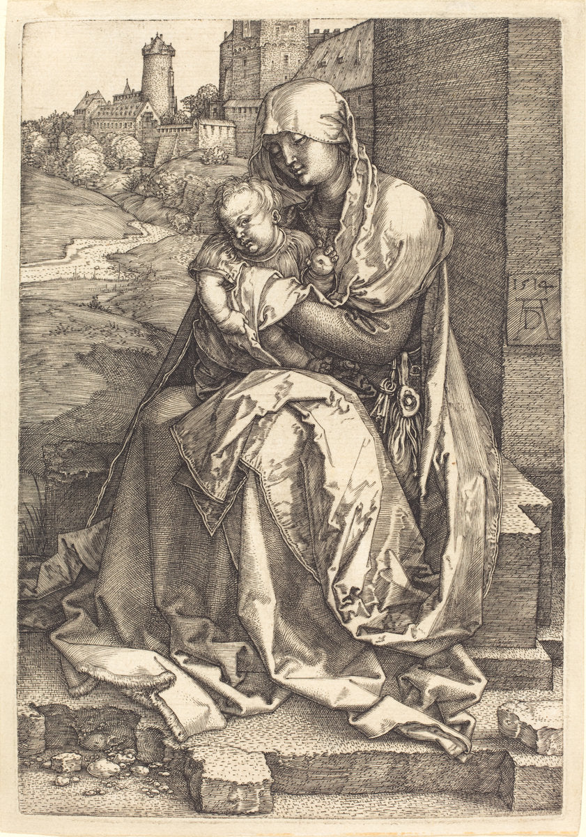 The Virgin and Child Seated by the Wall by Albrecht Dürer (German, 1471 - 1528), 16X12"(A3)Poster Print