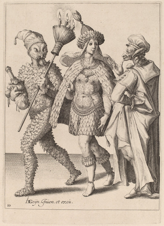An Old Mummer Addressing a Couple Dressed in Feathers by Attributed to Zacharias Dolendo after Jacques de Gheyn II (Dutch, active 1581/1598), 16X12"(A3)Poster Print