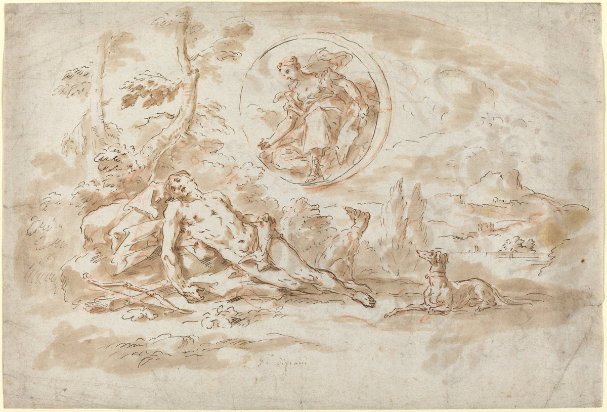 Diana and Endymion by Gaspare Diziani (Venetian, 1689 - 1767), 16X12"(A3)Poster Print