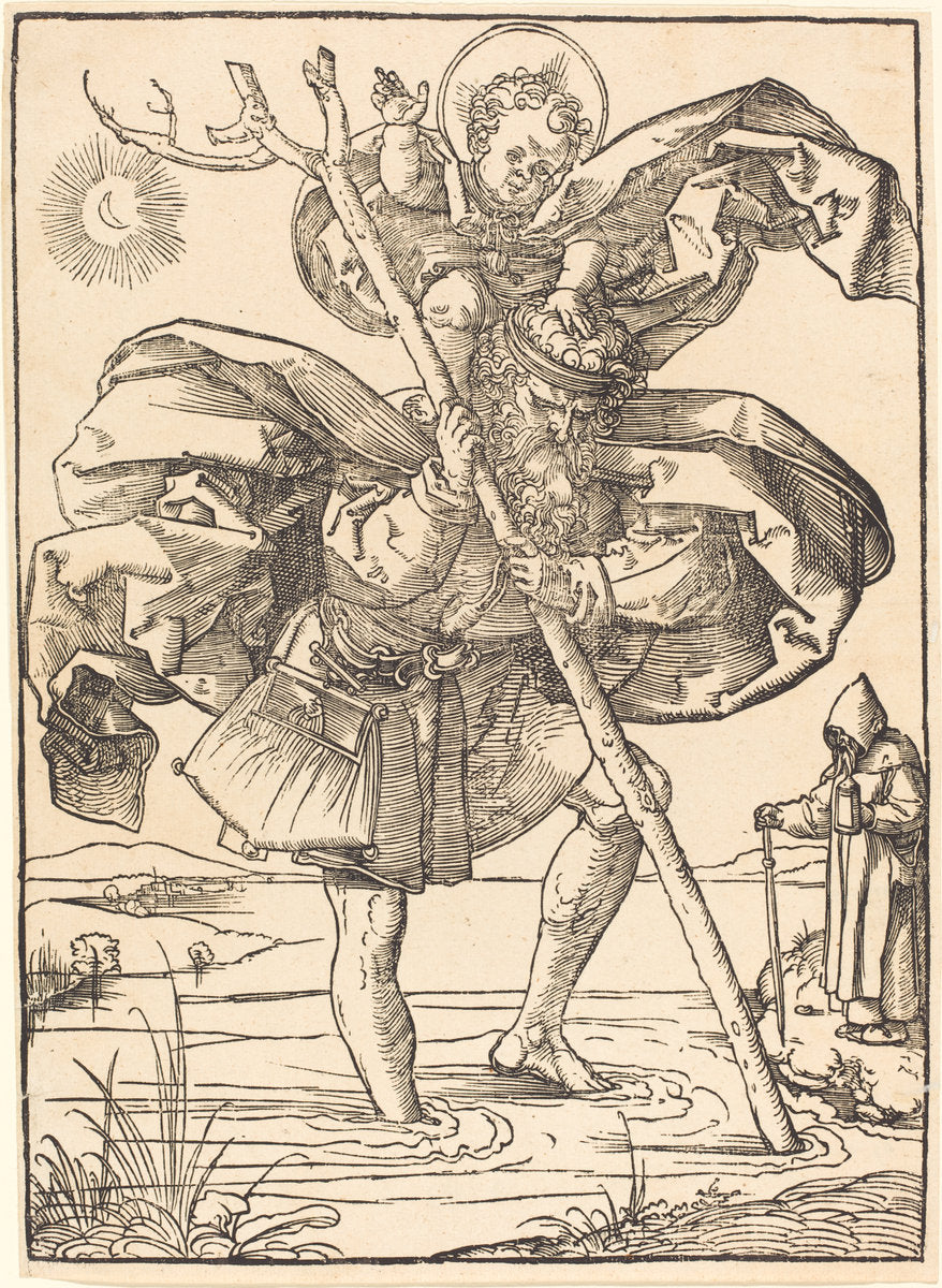 woodcut on laid paper by School of Albrecht Dürer (Saint Christopher), 16X12"(A3)Poster Print