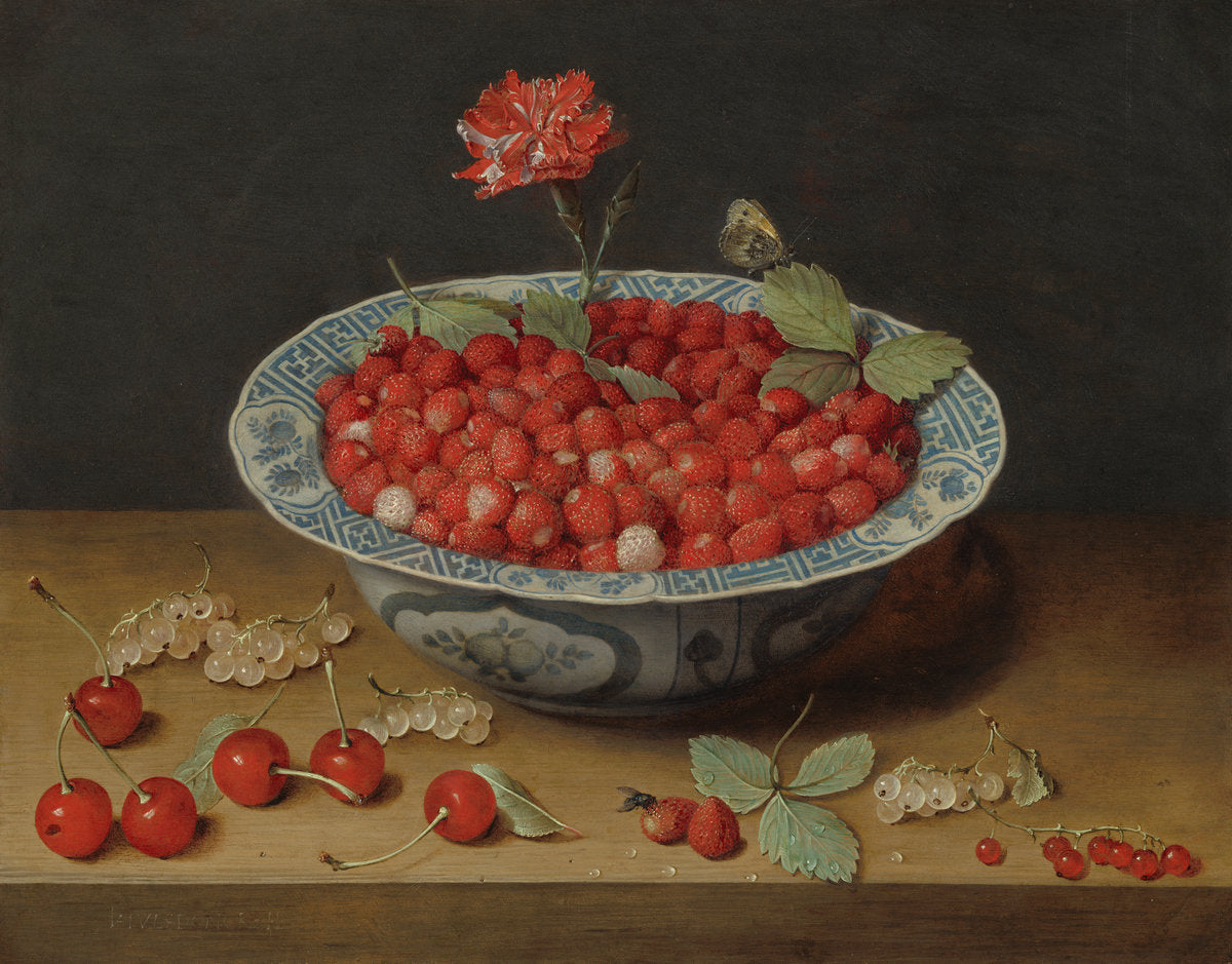 Wild Strawberries and a Carnation in a Wan-Li Bowl by Jacob van Hulsdonck (Flemish, 1582 - 1647), 16X12"(A3)Poster Print